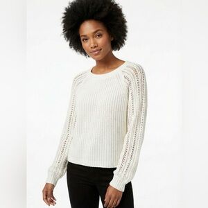 AMERICAN EAGLE Cotton Blend Cream Cropped Rib Knit Pointelle Sleeves Sweater M